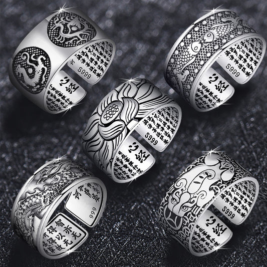 Women's & Men's & Thai Sier Tarnish Lotus Vintage Pisces Domineering Glossy Wide Rings