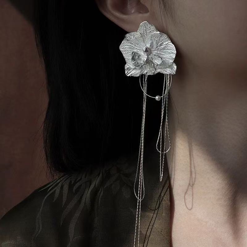 Fairy Flowers Phalaenopsis Long Tassel Niche High-grade Sier Needle Frosty Earrings
