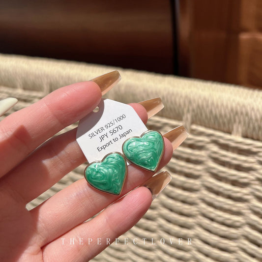 Women's Green Drip Glazed Enamel Love Heart Earrings