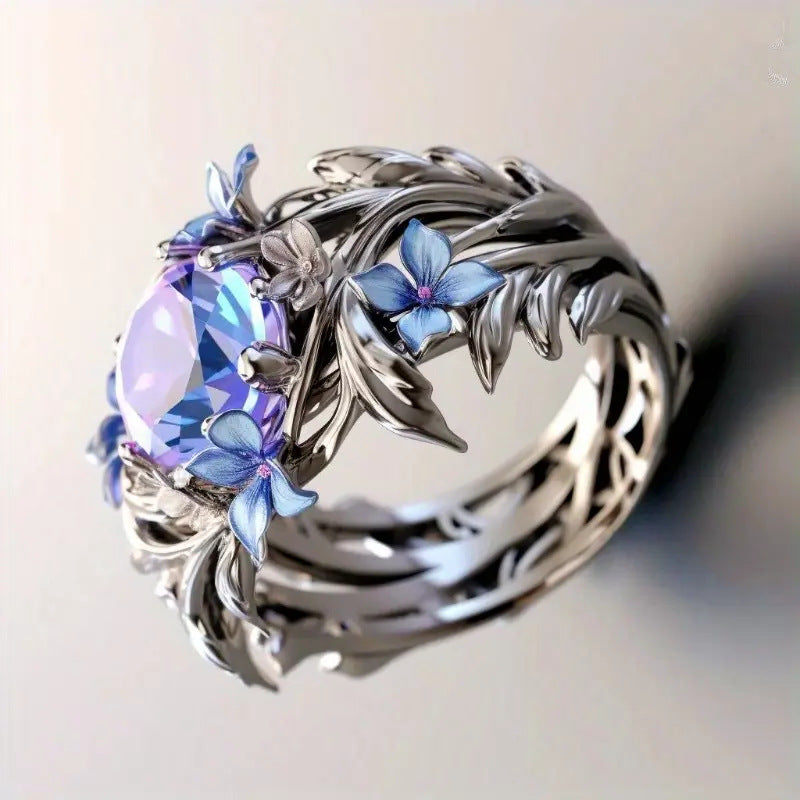 Women's Princess Olive Leaf Engagement Diamond Blue Zircon Rings