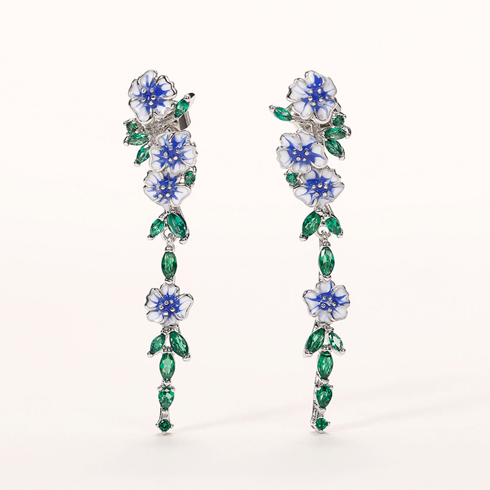 Long Female Temperament Summer Glaze Flowers Zircon Earrings