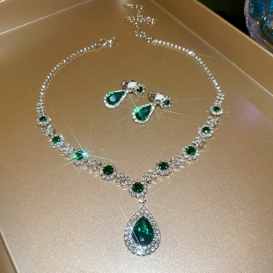 Flower Female Emerald Vintage Clavicle Chain Earrings
