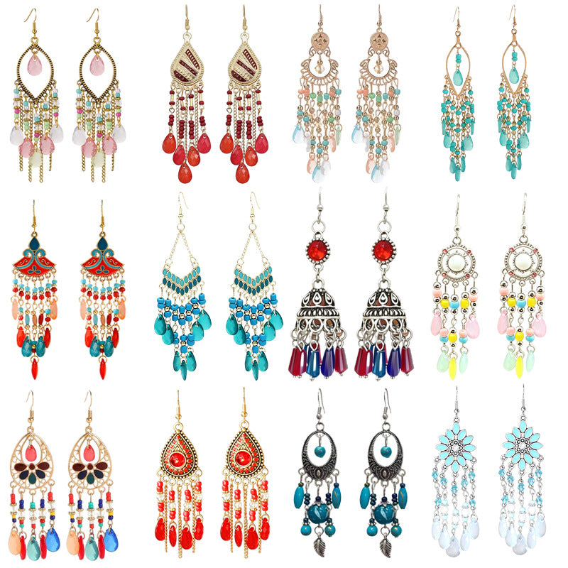 Ethnic Style Tassel Long Bohemian Crystal Yunnan Summer Earrings