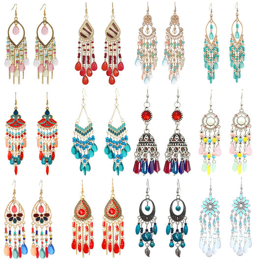 Ethnic Style Tassel Long Bohemian Crystal Yunnan Summer Earrings