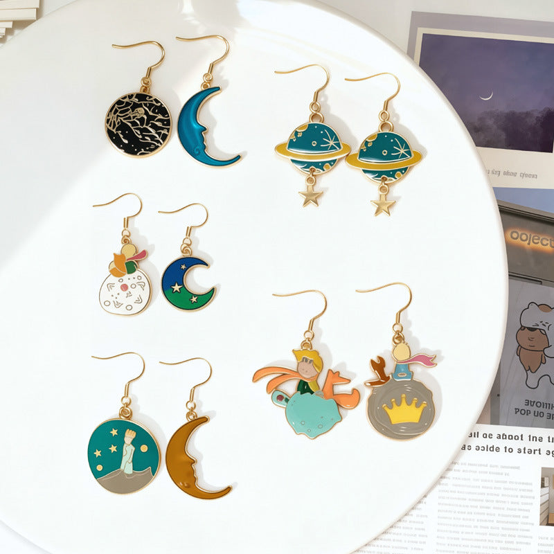 Women's Cartoon Metal Dripping Planet Moon Blue Starry Sky Earrings