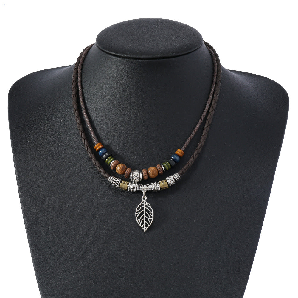 Women's Shape Braided Rope Clavicle Chain Retro Style Wooden Necklace
