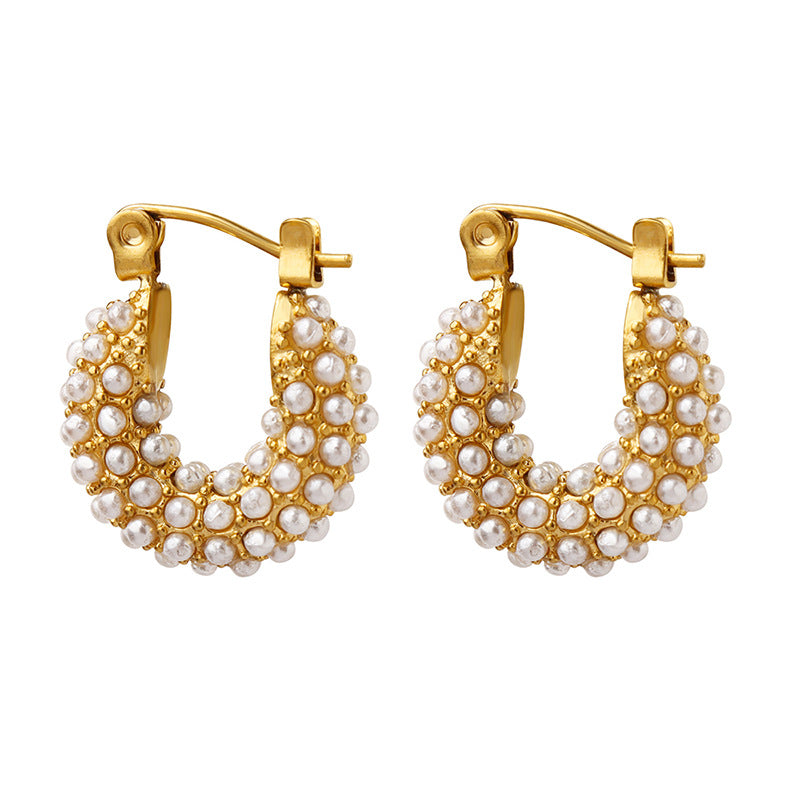Women's Imitation Pearl Light Luxury Temperament U-shaped Handbag Shape Ear Titanium Rings
