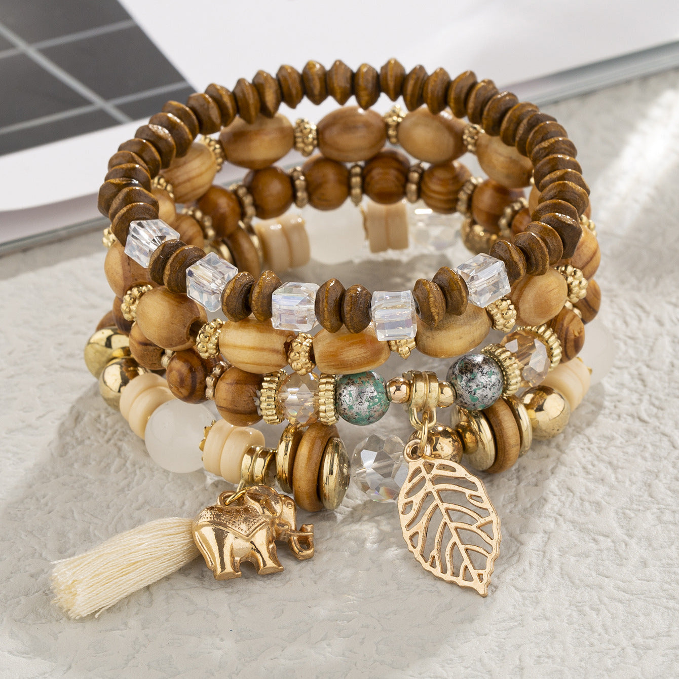 Bohemian Style Wooden Bead Beaded Elastic Elephant Bracelets