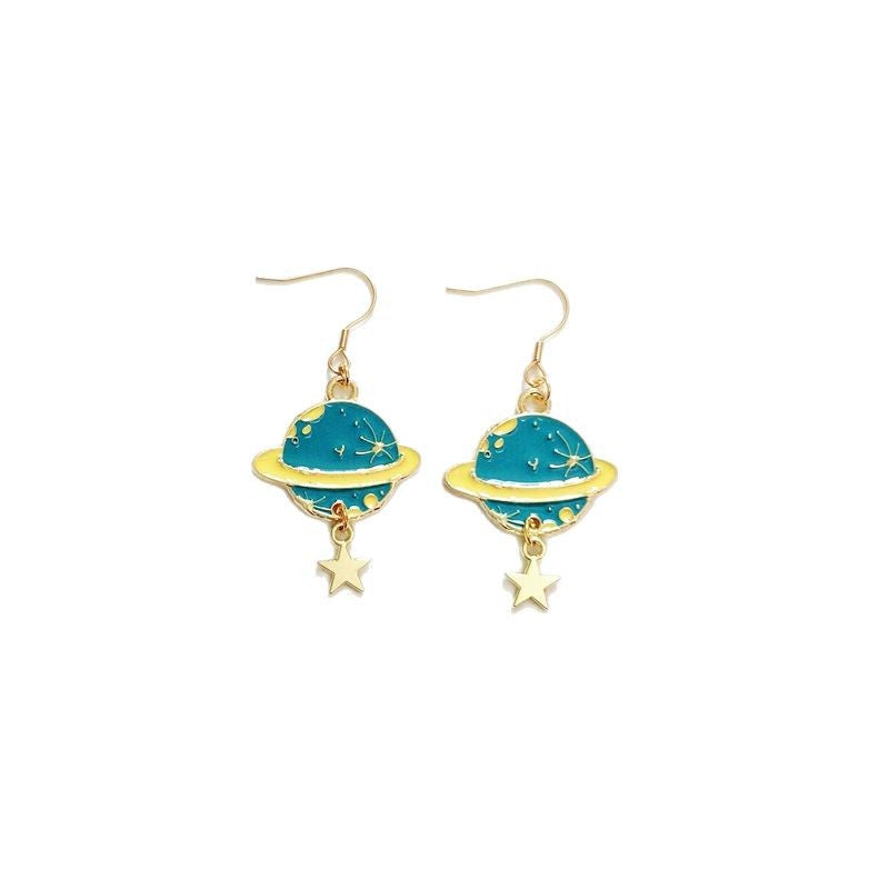 Women's Cartoon Metal Dripping Planet Moon Blue Starry Sky Earrings