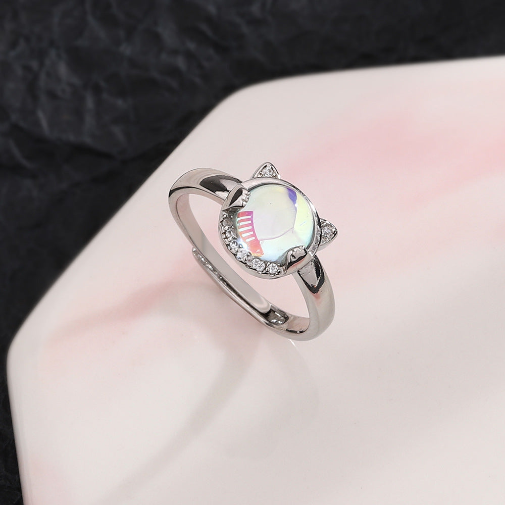 Colorful Moonstone Cat Korean Fashion Sweet Rings