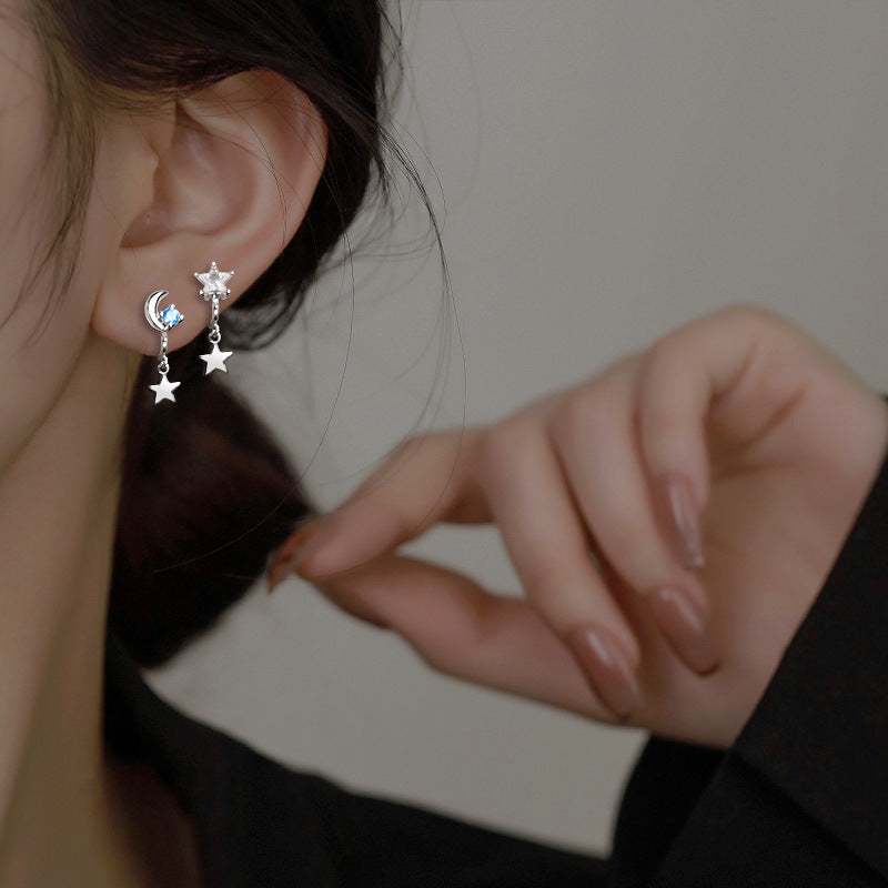 Women's Fresh Blue Dream Planet Asymmetric Zircon Star Moon Earrings