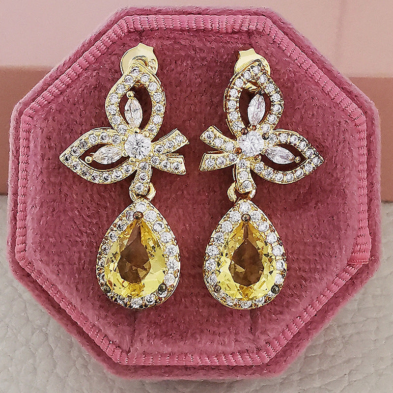 Inlaid Zircon Yellow Water Drop Wings Female Earrings