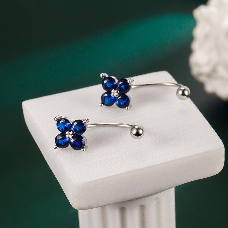 Blue Zircon Flower U-shaped Screw Ball Rings