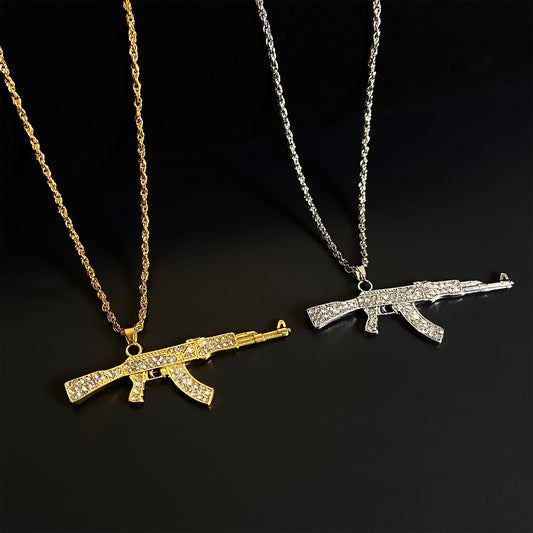 Colliers créatifs de pistolet-mitrailleur entièrement diamantés Hip Hop pour femmes et hommes