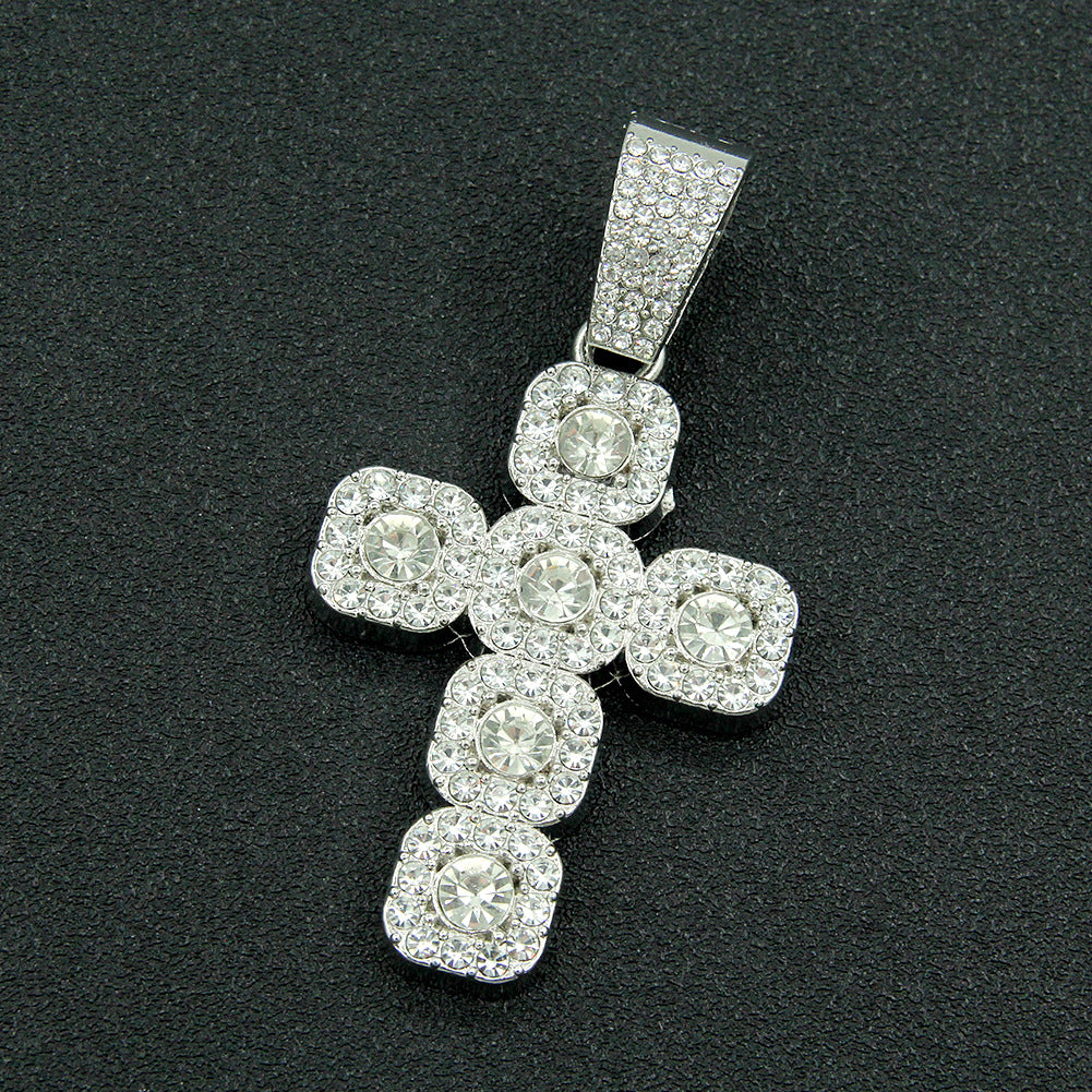 Men's Hop Full Diamond Cross Pendant Cuban Link Chain Necklaces