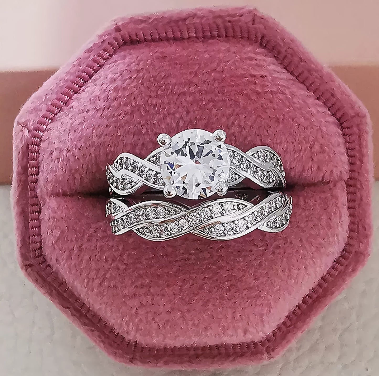 Inlaid White Zirconium Vine Two-piece Diamond Shank Ring