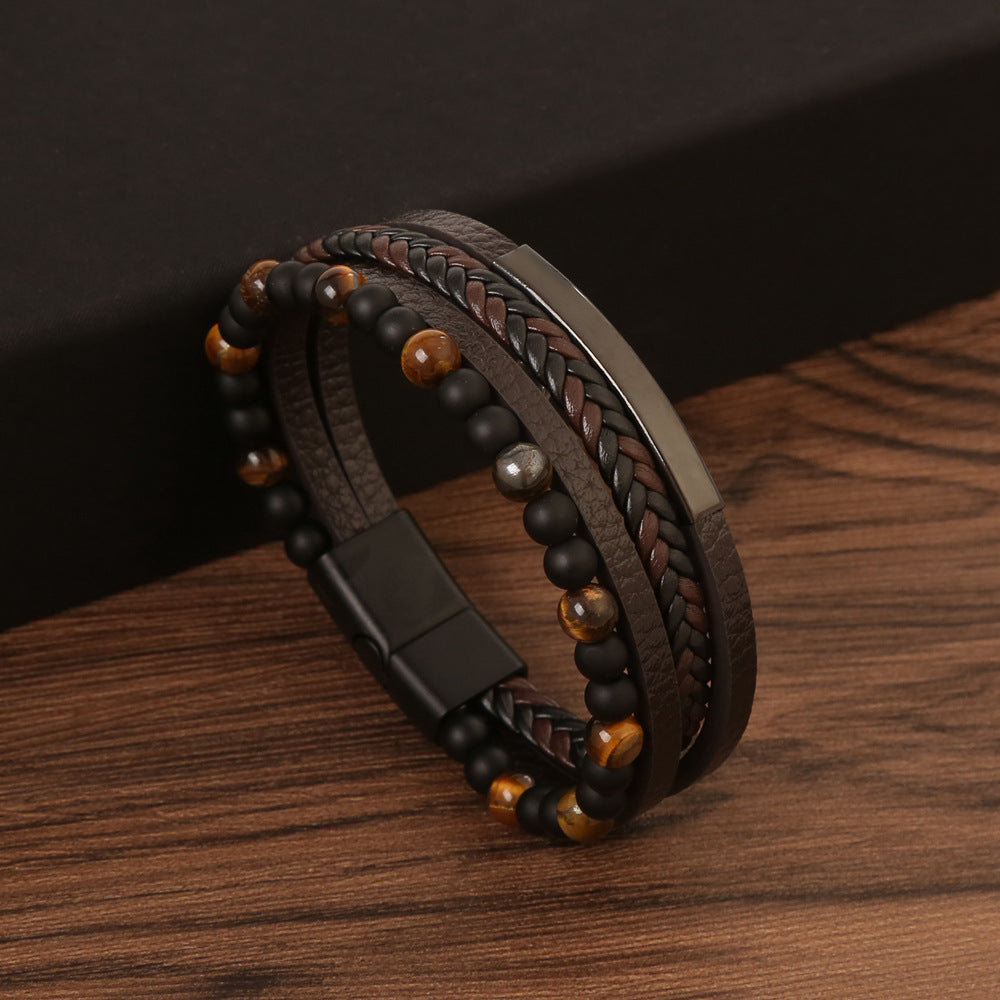 Men's Natural Stone Vintage Leather Hand-woven Alloy Bracelets