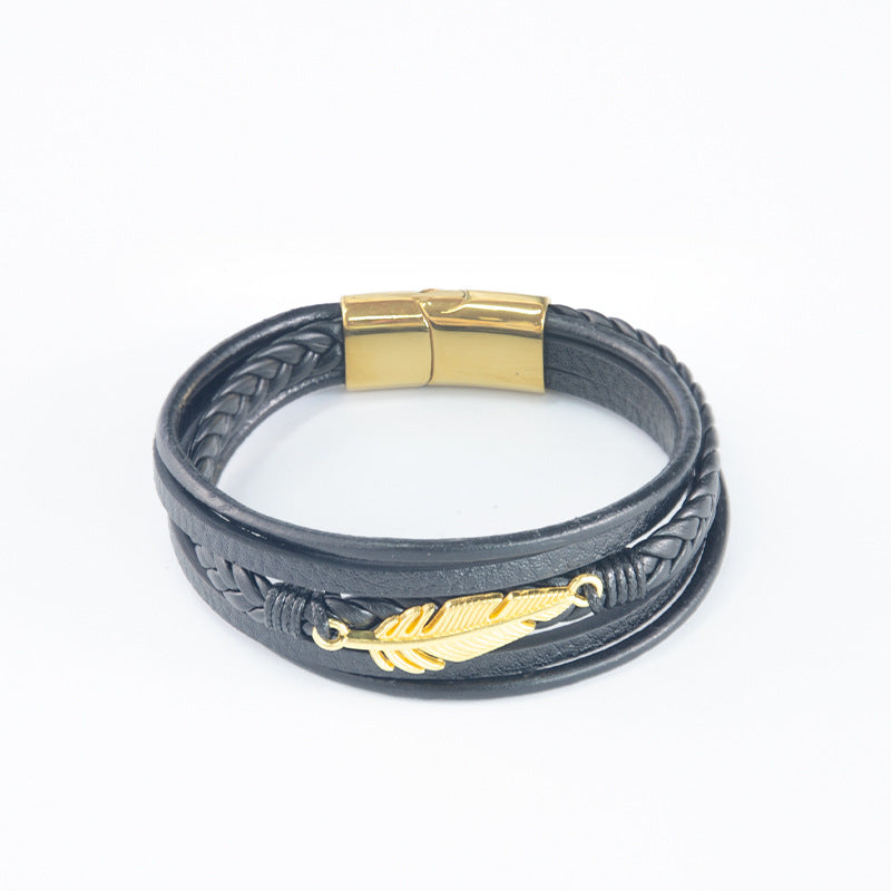 Men's Steel Feather Vintage Woven Leather String Bracelet