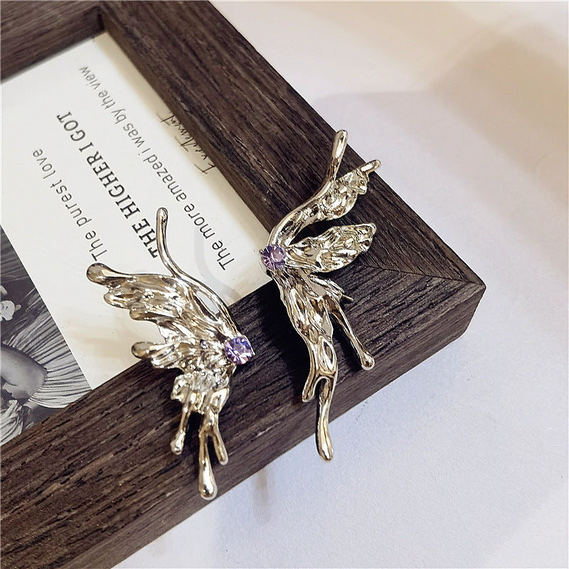 Metallic Butterfly Asymmetric Purple Zircon Niche Design Earrings