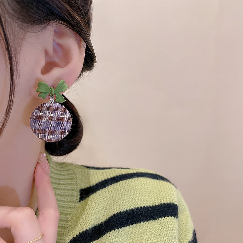 Style Plaid Bow Fashionable Temperament High Earrings