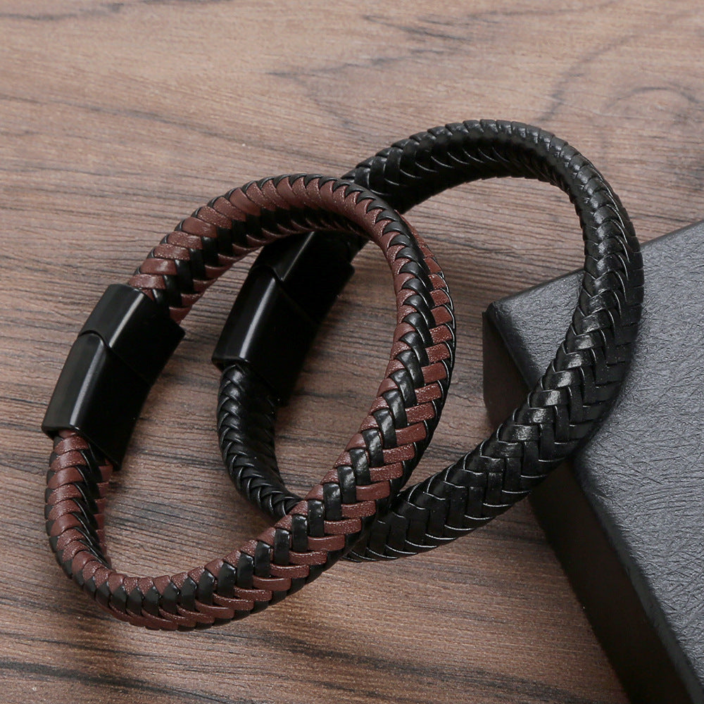 Men's Leather Braid Rope Titanium Steel Exhibition Bracelets