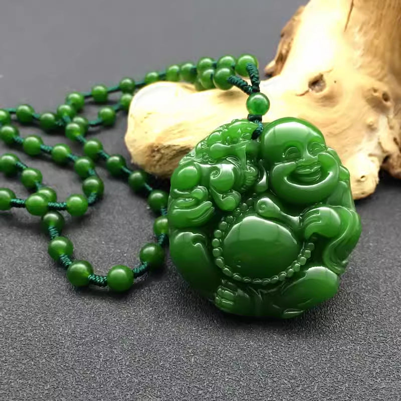 Green Jade Goddess Buddha Hand Maitreya Sweater Chain Safety Buckle Necklaces