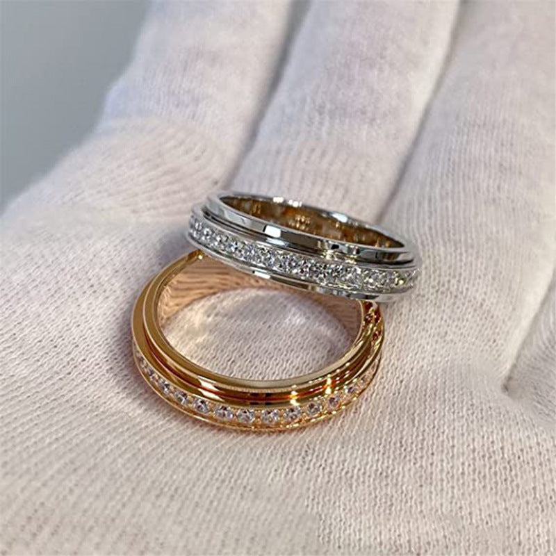 Zircon With Diamond Rotatable Couple Starry Wedding Ring