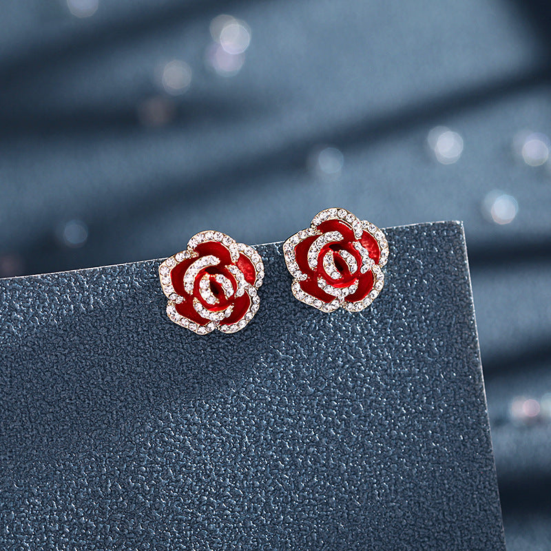 Women's Red Rose Simple Rhinestone High-grade Vintage Earrings