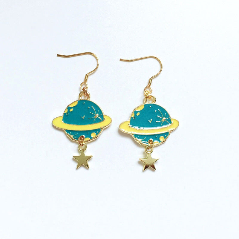 Women's Cartoon Metal Dripping Planet Moon Blue Starry Sky Earrings