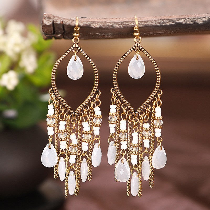 Ethnic Style Tassel Long Bohemian Crystal Yunnan Summer Earrings