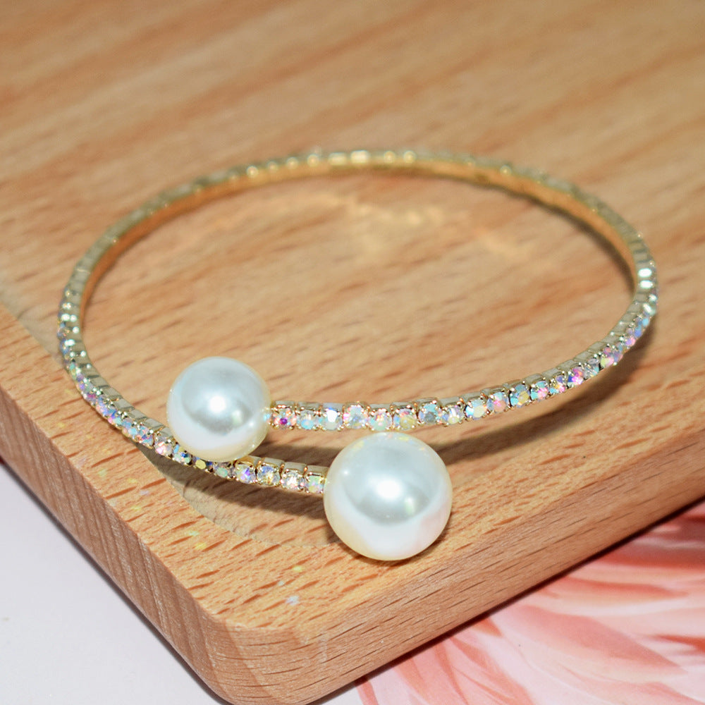 Fashion Bridal Elegant Shiny Rhinestone Pearl Single Row Hand Bracelet