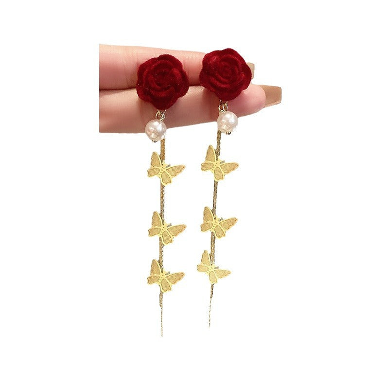 Women's Red Flower Long Butterfly Tassel Light Luxury High Sense Earrings