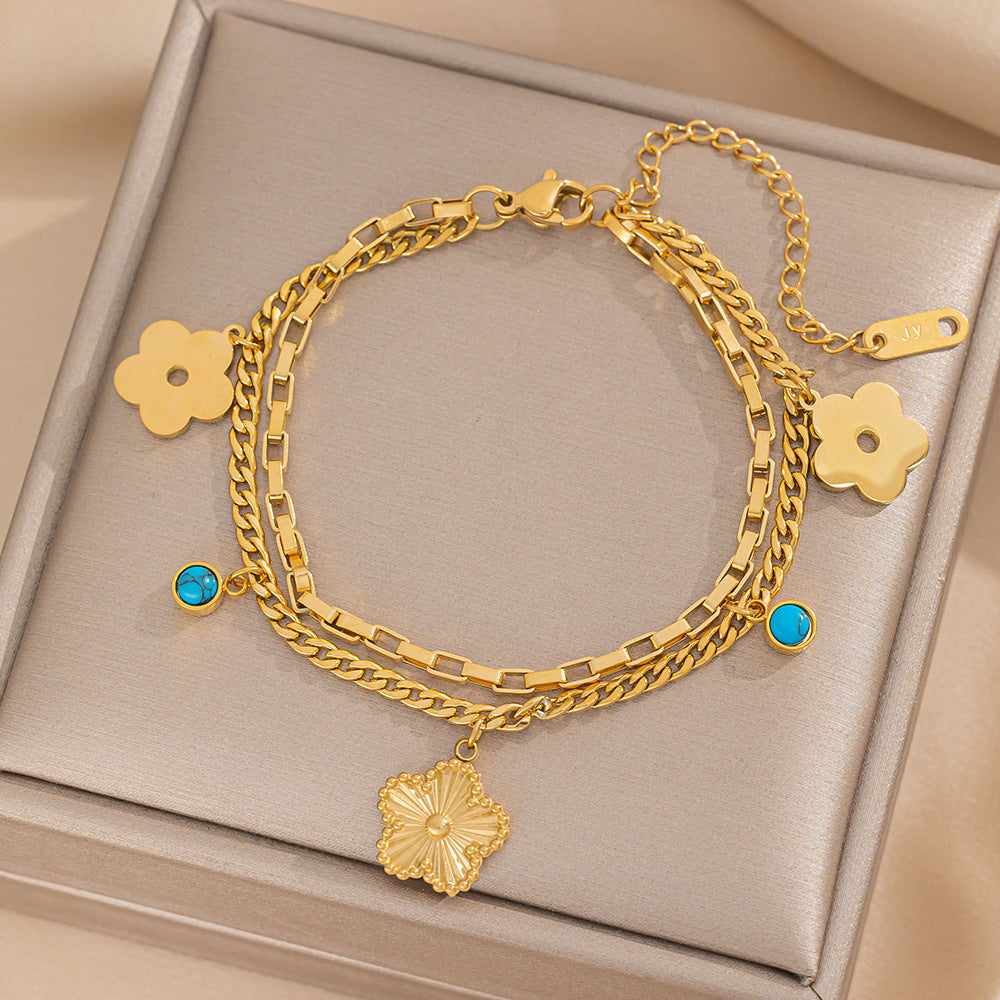 Women's Stainless Steel Gold-plated Laser Twin Five-leaf Bracelets