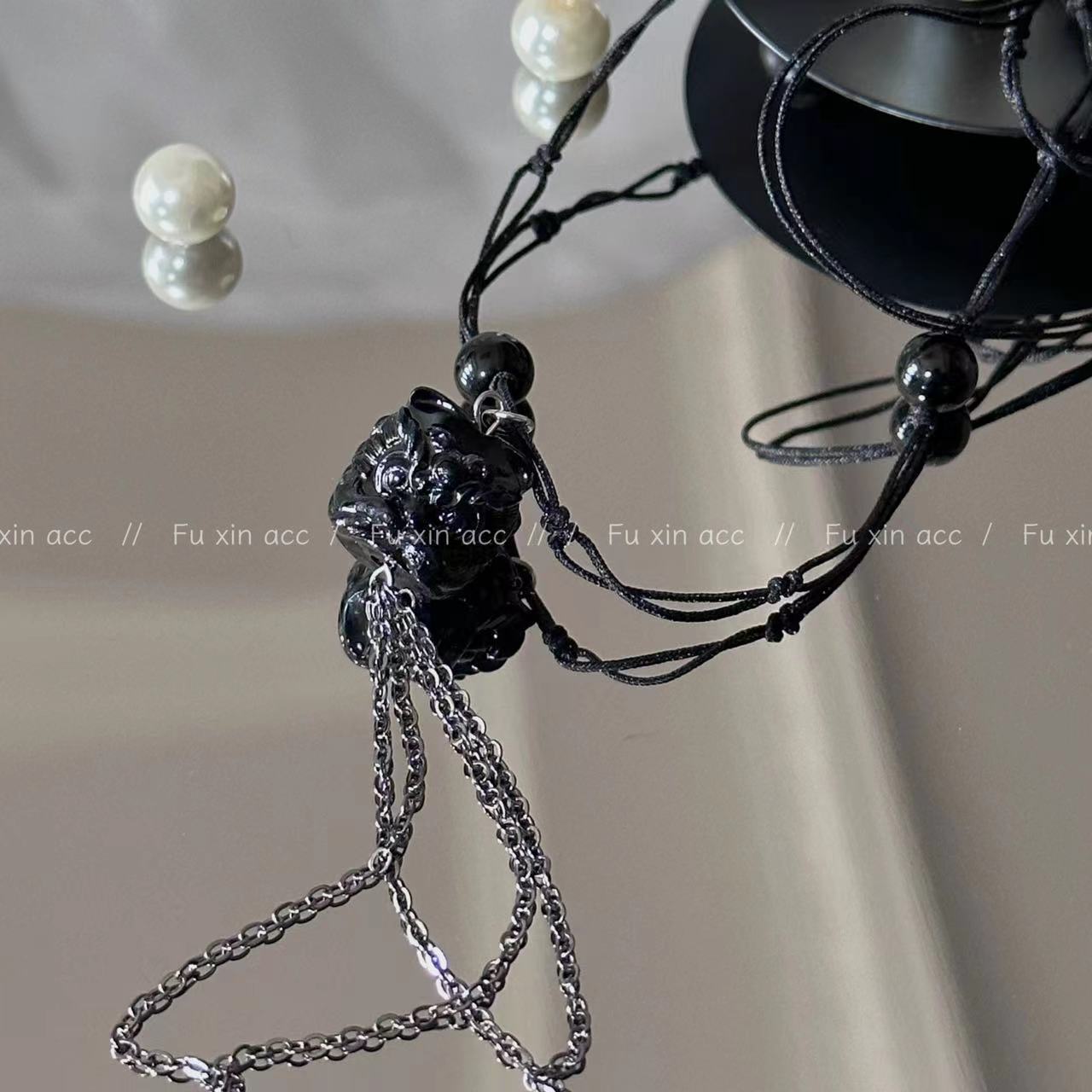 Chinese Retro Black Lion Agate Braid Rope Simple Antique Necklaces