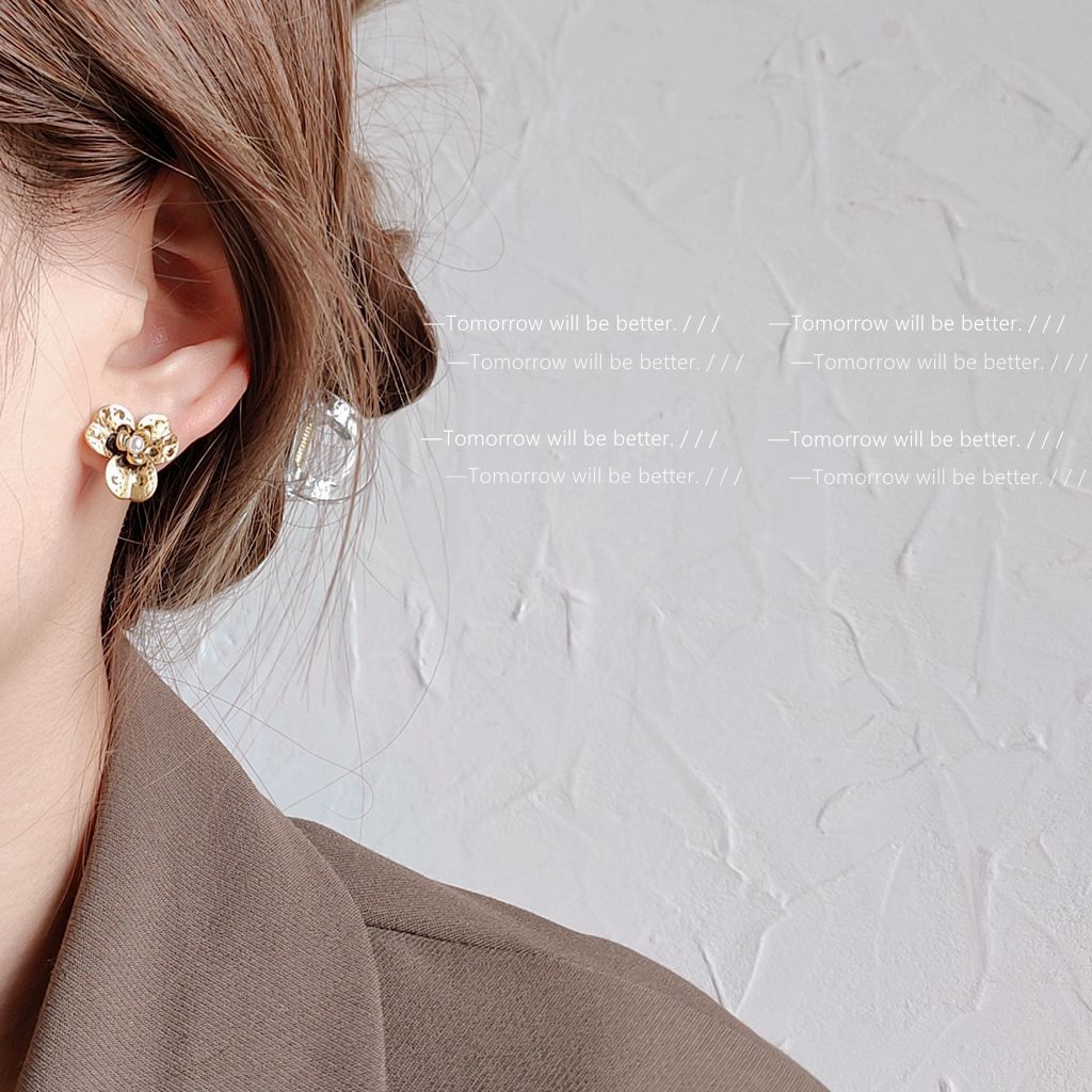 Tarnish Sier Needle Flower Ancient Gold Petal Simple Graceful Eardrops Stud Earrings