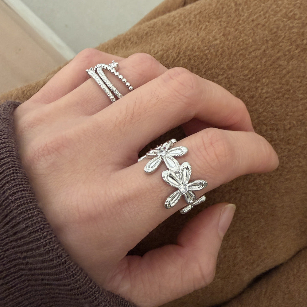 Style Brushed Flower Cutout Zircon High Sense Lace Simple Sweet Ring