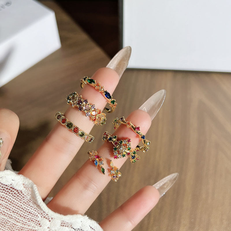 Romantic Gentle Colorful Crystals Twin Open Female Retro Temperamental Minority Ring