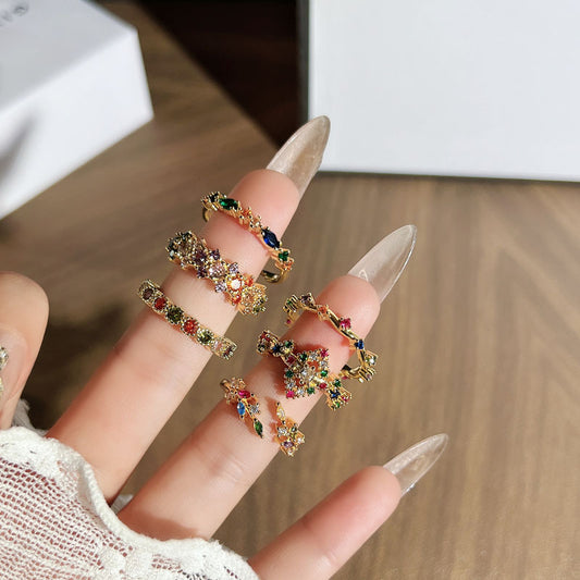 Romantic Gentle Colorful Crystals Twin Open Female Retro Temperamental Minority Ring
