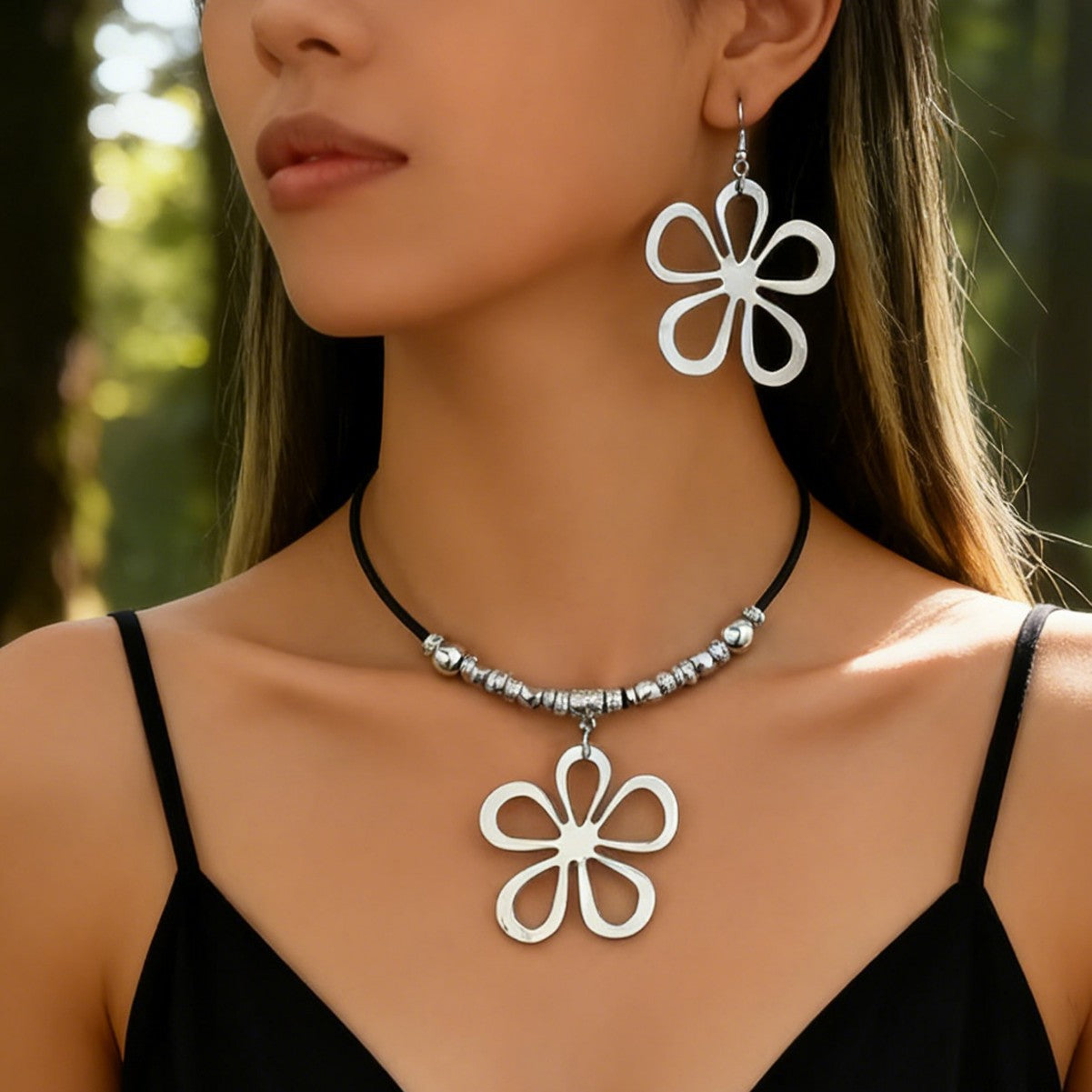 Classy Black Rope Geometric Hollow Flower Jewelry Set