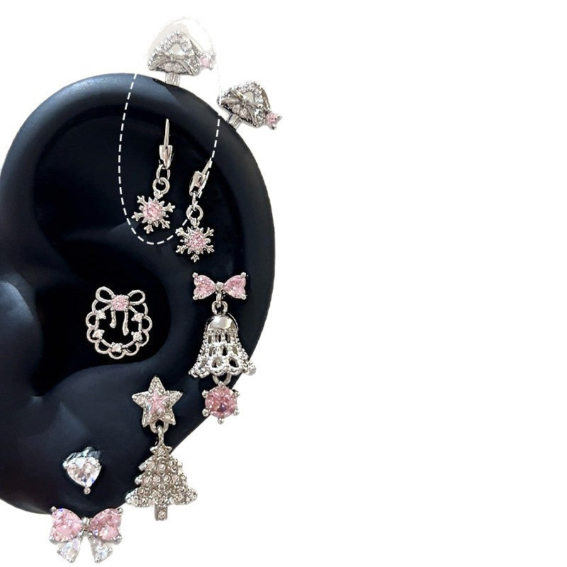 Pink Christmas Devil Ear Bone Snowflake Titanium Stud Earrings