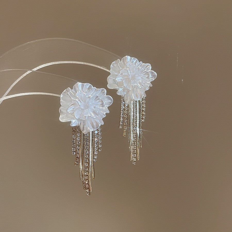 Sier Needle Water Drop Pearl Tassel Long Retro Rings