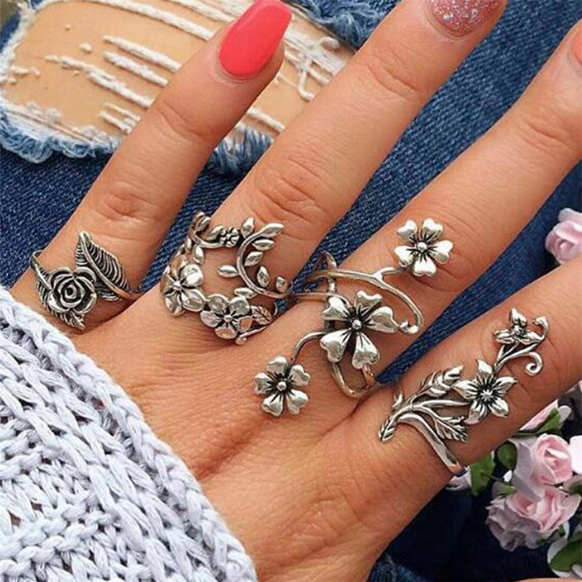 Set Retro Personalized Ancient Sier Mori Style Vine Rings