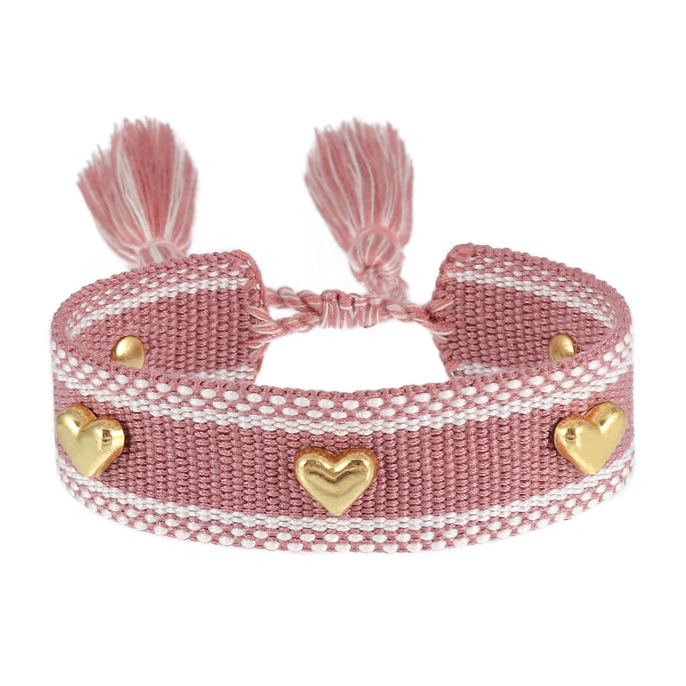 Couple Golden Heart-shaped Carrying Strap Hand-woven Tassel Bracelets