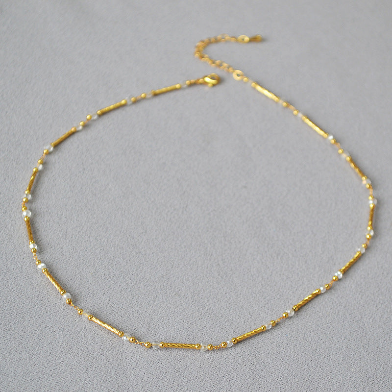 Women's Brass Gold-plated Shiny Batch Flower Tube White Crystal String Beads Necklace