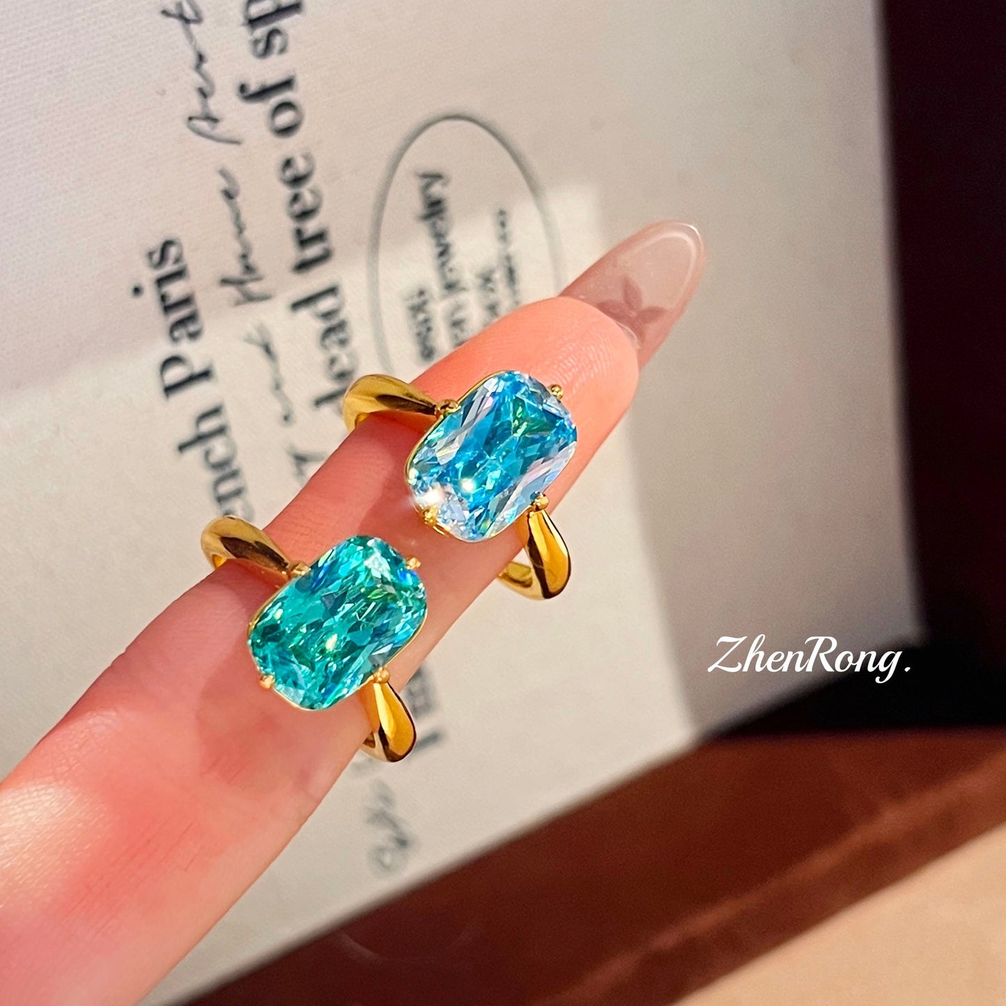 Women's Exquisite Style Pillow Square Rhinestone Diamond Design Aquamarine Ring