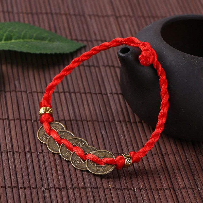 Hand-woven Dynasty Five Coins Red Rope Bracelets