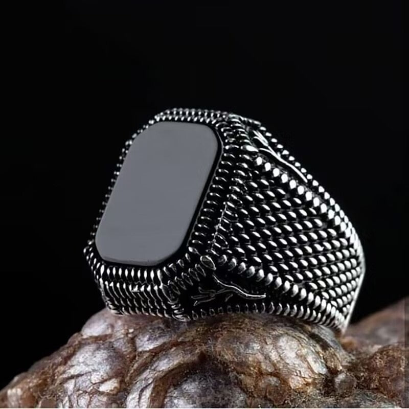 Men's Retro Natural Black Square Agate Texture Ring