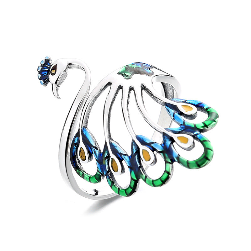 Retro Open Mouth Peacock Sterling Sier Wide Rings