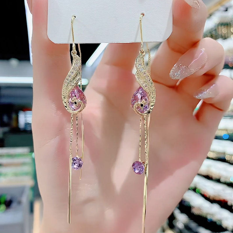 Women's Crystal Peacock Long Tassel Face Slimming Earrings