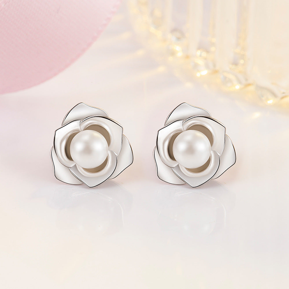 Women's Sier Camellia Pearl Light Luxury Flower Earrings